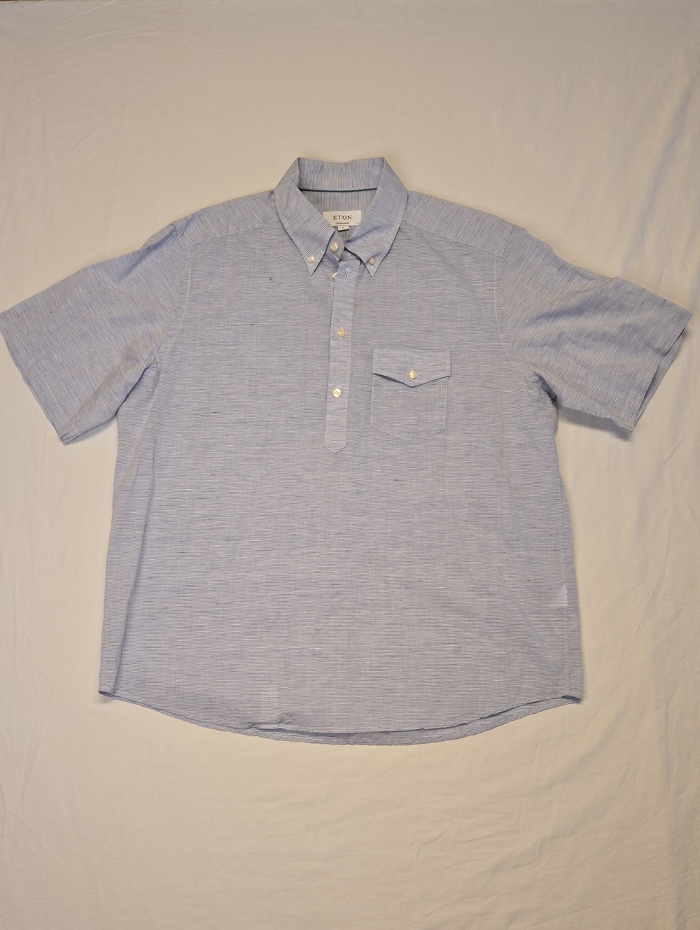 Eton Pale Blue Stripe Short-Sleeve Button-Down Cotton Blend Polo Shirt